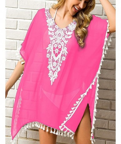 Sets Women Swimwear Dress Cover Up V Neck Bikini with Tassel - Pink - CR193MUR9YT $33.28