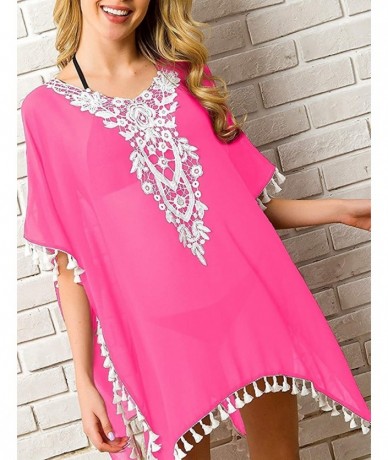 Sets Women Swimwear Dress Cover Up V Neck Bikini with Tassel - Pink - CR193MUR9YT $33.28