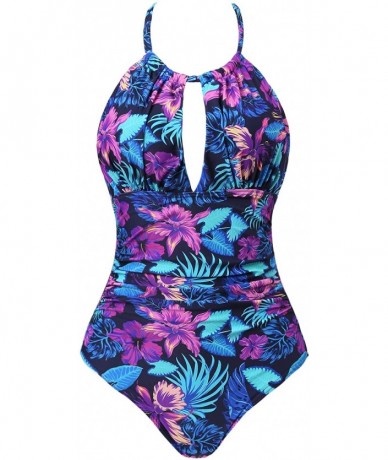 One-Pieces Womens One Piece Swimsuit Tummy Control Slimming Bathing Suit Ruched Front - Halter-floral - C518S3D7Y0K $60.58