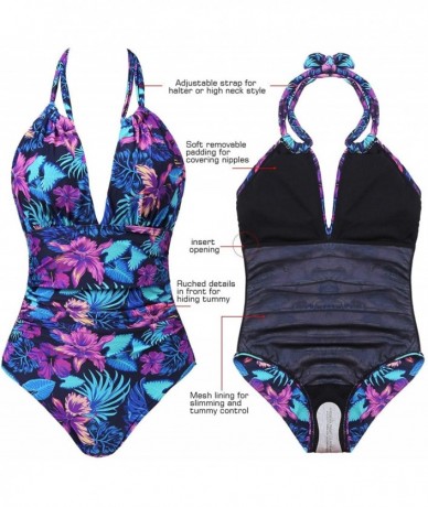 One-Pieces Womens One Piece Swimsuit Tummy Control Slimming Bathing Suit Ruched Front - Halter-floral - C518S3D7Y0K $60.58