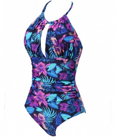 One-Pieces Womens One Piece Swimsuit Tummy Control Slimming Bathing Suit Ruched Front - Halter-floral - C518S3D7Y0K $60.58