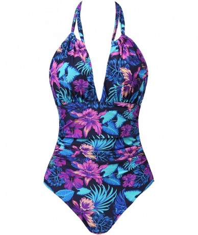 One-Pieces Womens One Piece Swimsuit Tummy Control Slimming Bathing Suit Ruched Front - Halter-floral - C518S3D7Y0K $60.58