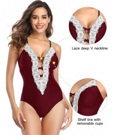 One-Pieces Women's Vintage Lace One Piece Swimsuits Halter Deep V Neck Sexy Swimwear Bathing Suit - Wine Red - CS194KWSNWX $4...