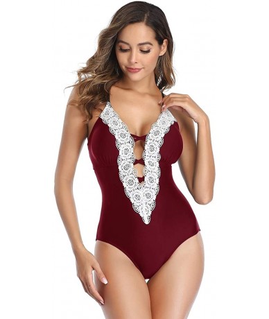 One-Pieces Women's Vintage Lace One Piece Swimsuits Halter Deep V Neck Sexy Swimwear Bathing Suit - Wine Red - CS194KWSNWX $4...