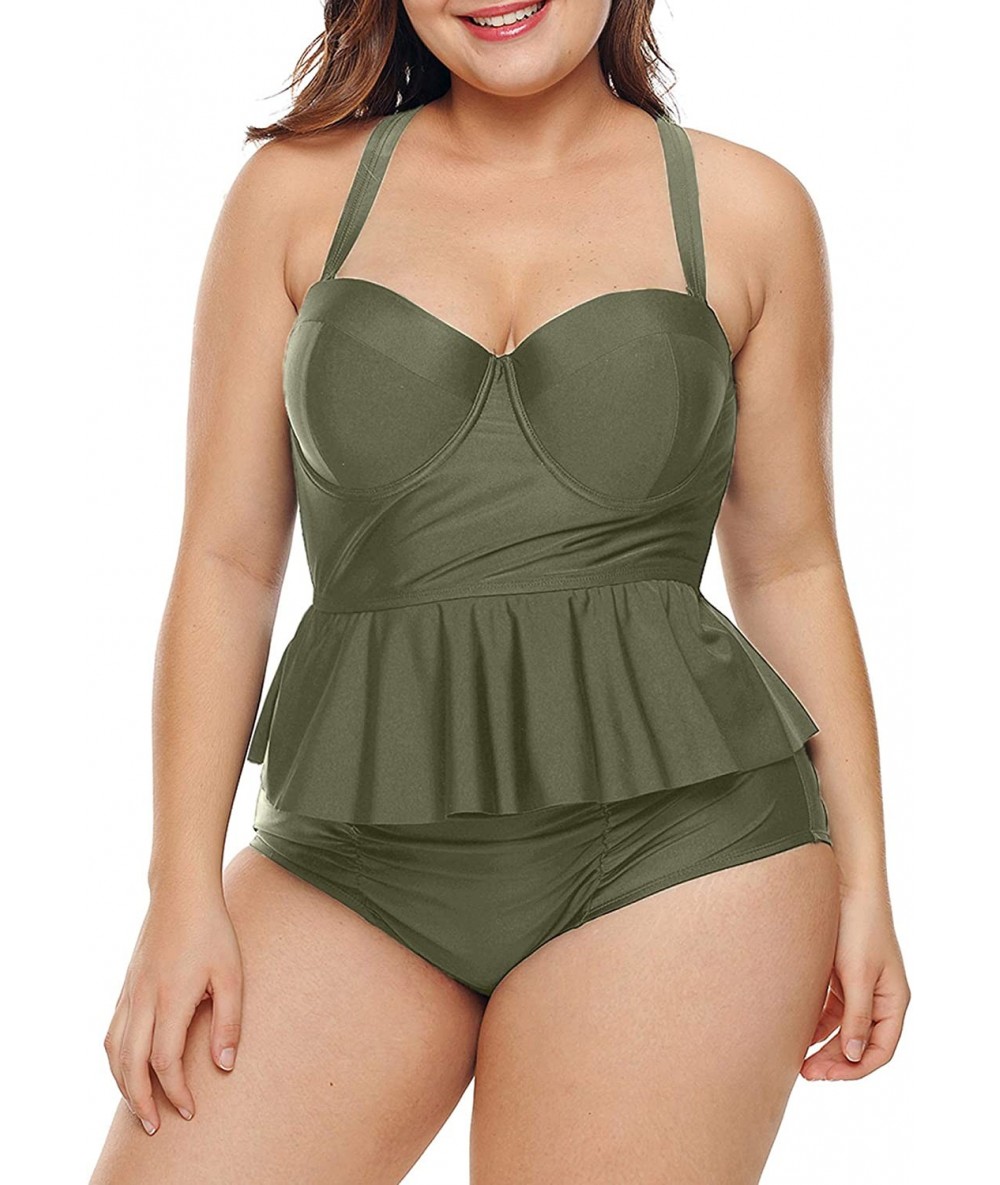 Sets Plus Size Swimwear Molded Cup Pleat Detail High Waist Bikini Swimsuit for Women - Green - CB18NAC4YIU $56.22