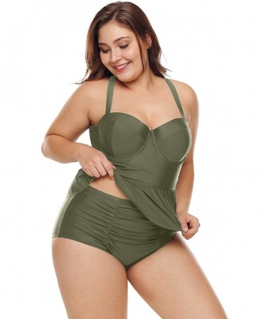 Sets Plus Size Swimwear Molded Cup Pleat Detail High Waist Bikini Swimsuit for Women - Green - CB18NAC4YIU $56.22