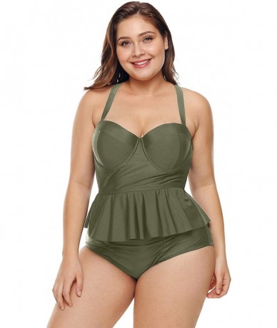 Sets Plus Size Swimwear Molded Cup Pleat Detail High Waist Bikini Swimsuit for Women - Green - CB18NAC4YIU $56.22