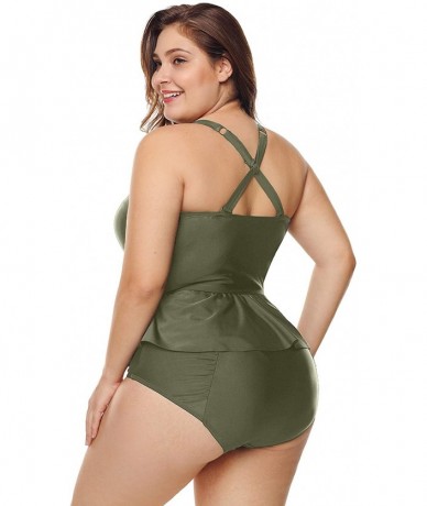 Sets Plus Size Swimwear Molded Cup Pleat Detail High Waist Bikini Swimsuit for Women - Green - CB18NAC4YIU $56.22