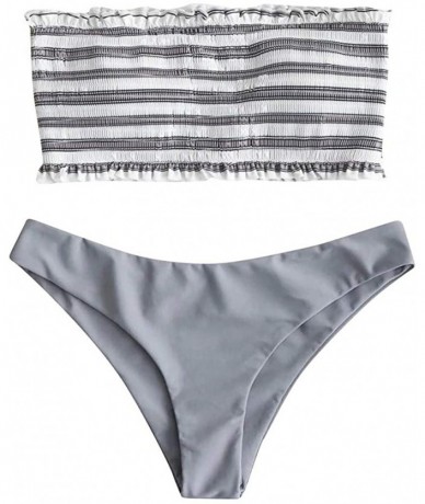 Racing Women's Ruched Bandeau Bikini Set Fashion Stripes Strapless Padded Swimsuit Bathing Beachwear - Gray - C718NW3NA8U $28.71