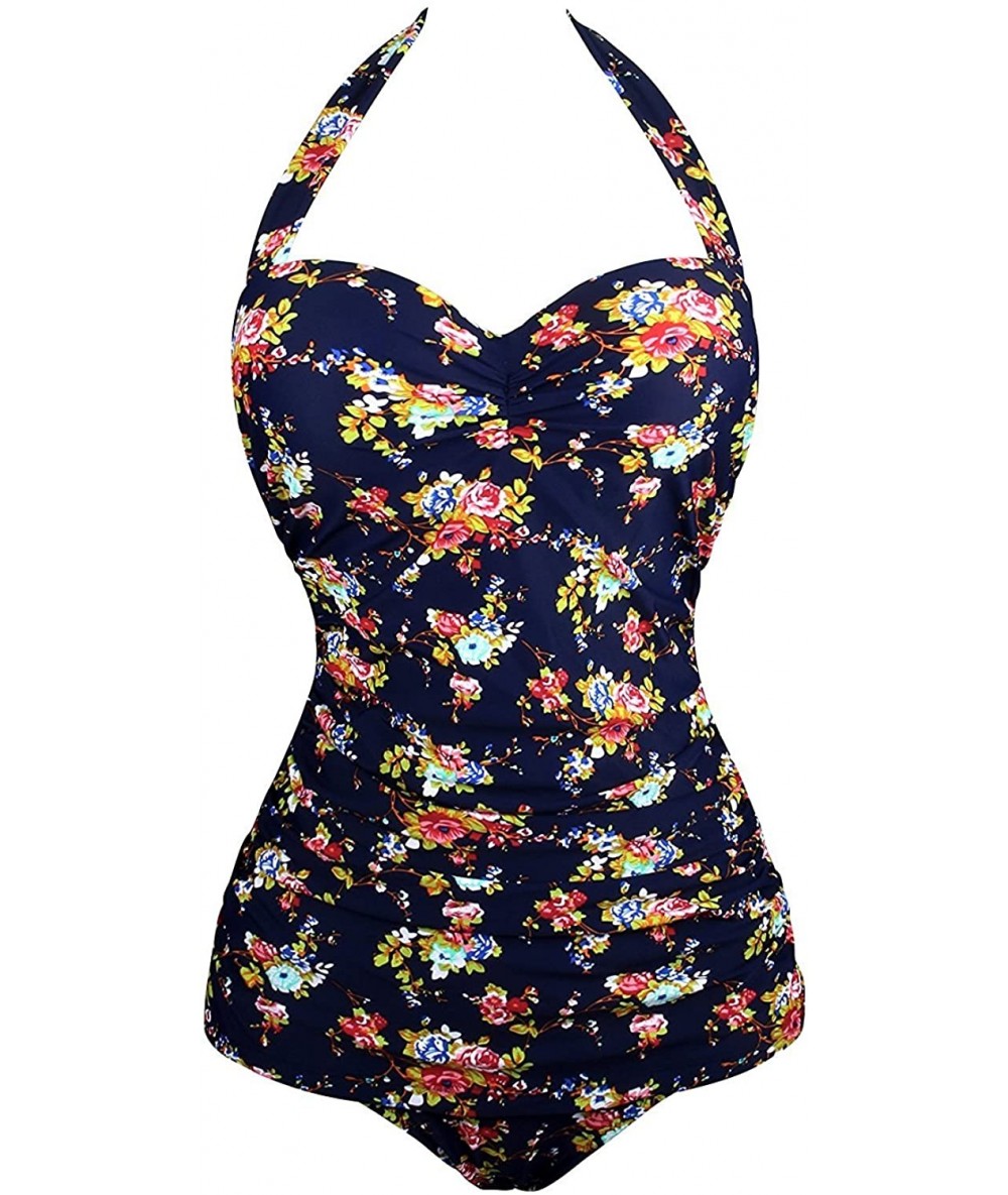 One-Pieces Vintage Halter Swimsuit Monokini One Piece Swimwear Bathing Suits - 1-navy - CF196T3KH7X $51.06