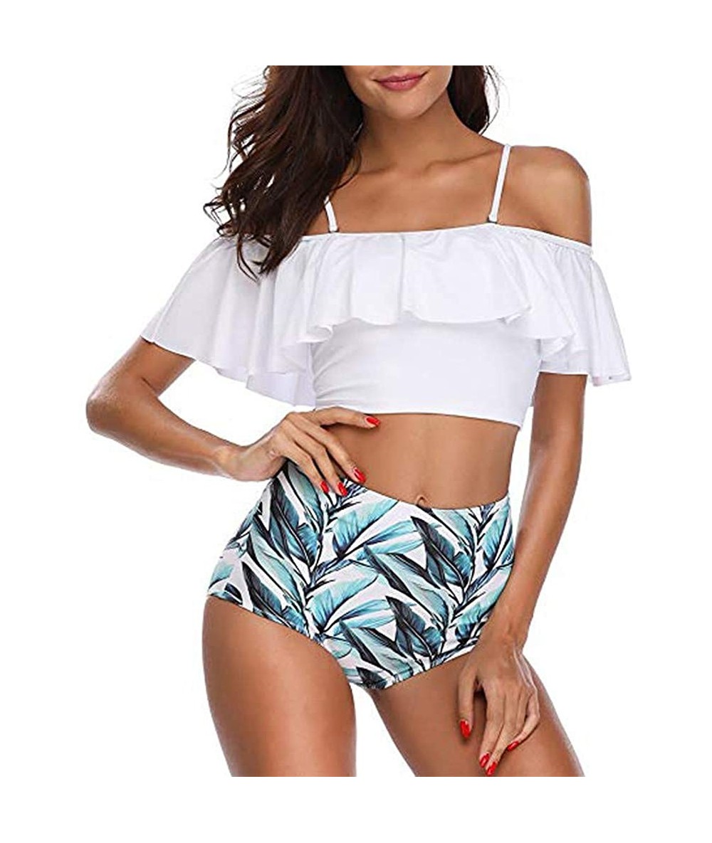 Racing Women Two Piece Swimsuits Tankinis Swimwear Off Shoulder Ruffled Crop Bikini Top with High Waist Boho Print Bottoms - ...