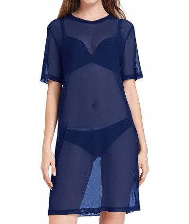 One-Pieces Women's Beach Cover Ups See Through Mesh Crew Neck T-Shirt Dress - Navy - CU18SZL4MEK $16.08