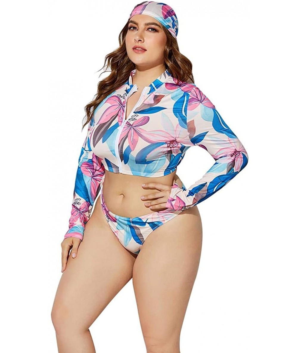 Sets Women's Plus Size Long Sleeve Rash Guard Swimsuits Zipper Front Water Beach Surf Bathing Suits Beachwear Swimwear - Flor...