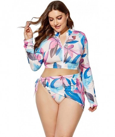 Sets Women's Plus Size Long Sleeve Rash Guard Swimsuits Zipper Front Water Beach Surf Bathing Suits Beachwear Swimwear - Flor...