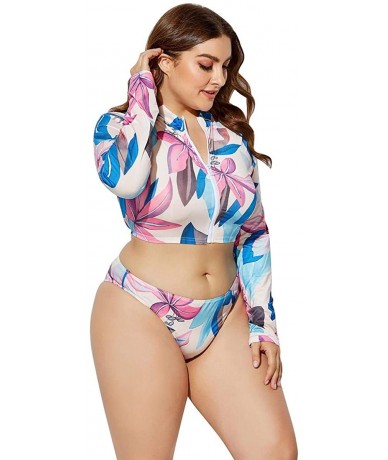 Sets Women's Plus Size Long Sleeve Rash Guard Swimsuits Zipper Front Water Beach Surf Bathing Suits Beachwear Swimwear - Flor...