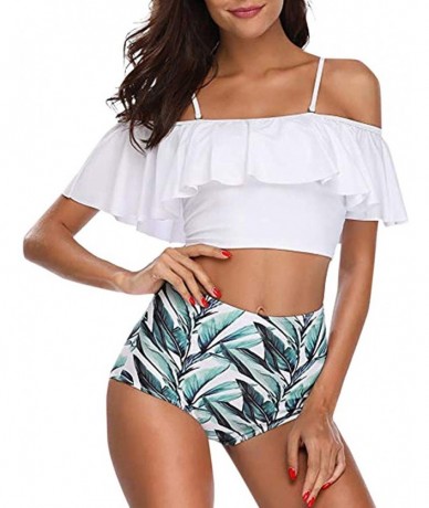 Racing Women Two Piece Swimsuits Tankinis Swimwear Off Shoulder Ruffled Crop Bikini Top with High Waist Boho Print Bottoms - ...