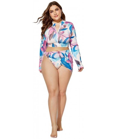 Sets Women's Plus Size Long Sleeve Rash Guard Swimsuits Zipper Front Water Beach Surf Bathing Suits Beachwear Swimwear - Flor...