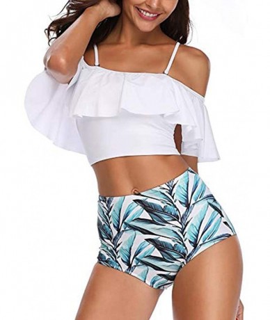 Racing Women Two Piece Swimsuits Tankinis Swimwear Off Shoulder Ruffled Crop Bikini Top with High Waist Boho Print Bottoms - ...