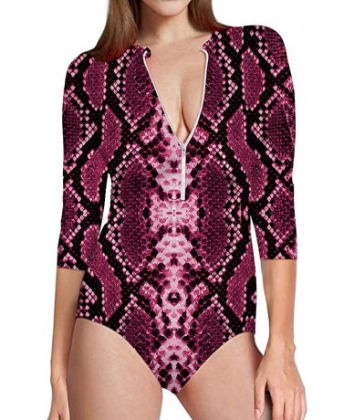 Rash Guards Red Snakeskin Women's One Piece Swimsuits Long Sleeve UV Protection Surfing Rash Guard Zip Bathing Suit Swimwear ...