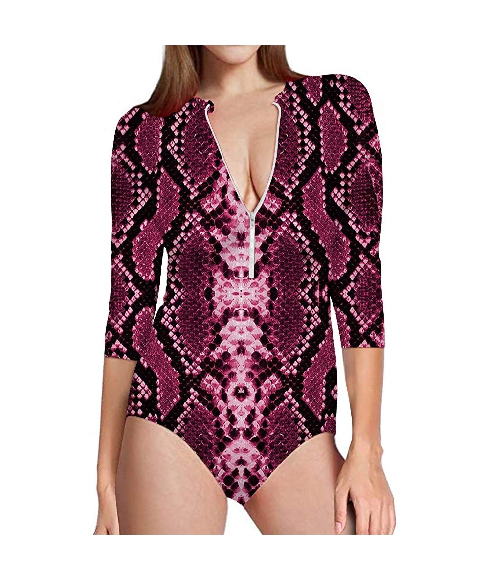 Rash Guards Red Snakeskin Women's One Piece Swimsuits Long Sleeve UV Protection Surfing Rash Guard Zip Bathing Suit Swimwear ...