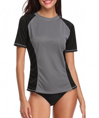 Rash Guards Women's Short Sleeve Rash Guard Swim Shirt V Neck UPF 50+ Rashguard Top - Grey-black - CW18EIEYQ8L $25.42