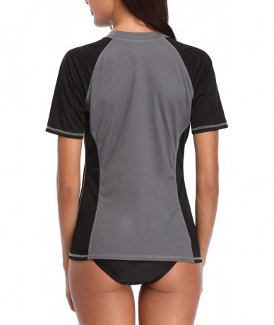 Rash Guards Women's Short Sleeve Rash Guard Swim Shirt V Neck UPF 50+ Rashguard Top - Grey-black - CW18EIEYQ8L $25.42