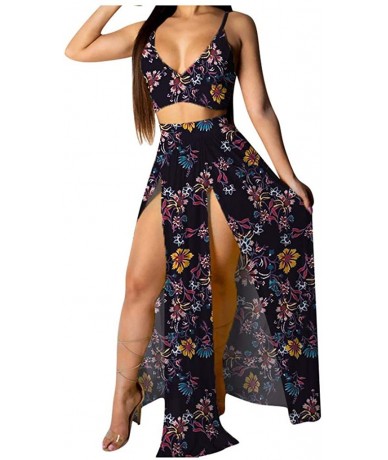 Tankinis Women Sexy Floral Print Summer Chiffon Sleeveless Crop Tops Maxi Skirt - Navy - CP196SKLTTC $49.59