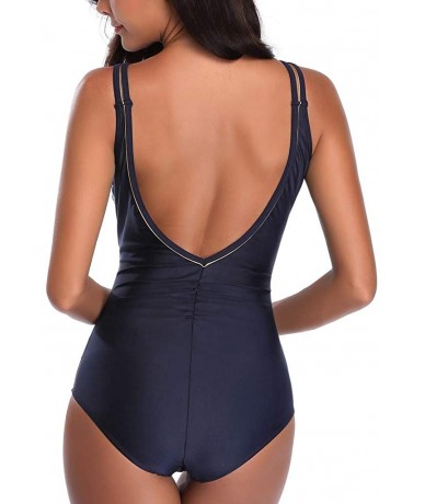 Sets Backless Ladies One-Piece Bikini Set Striped Paneled Swimsuit Beach Wear - Blue - CX193W2RADQ $28.73