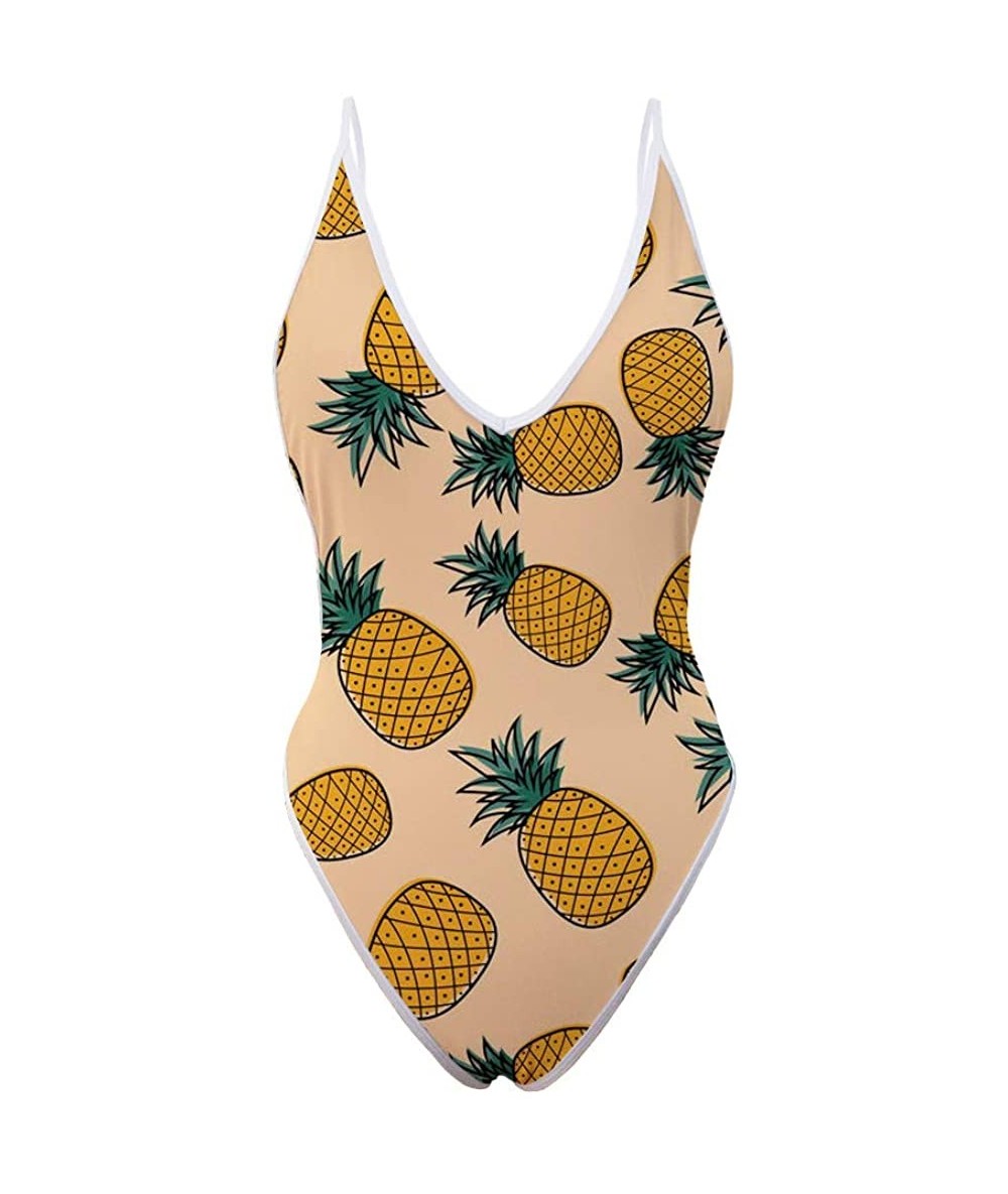 One-Pieces High Cut One Piece Backless Thong Bikini Women Ladies Adjustable Swimsuit Deep V Neck Summer Beachwear Pineapple 2...