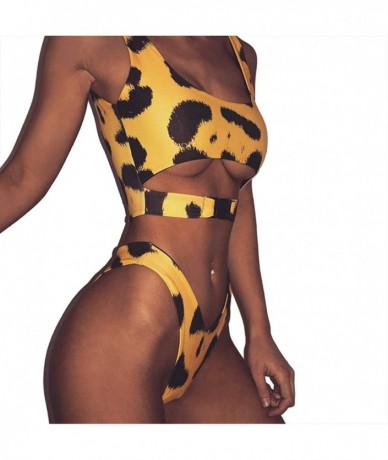 Sets Womens Leopard Scoop Cut-Out Strap High Cut Thong 2 Piece Bikini Sets Swimsuit - Yellowleopard - CB18OSSRXE9 $31.13