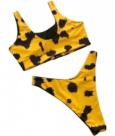 Sets Womens Leopard Scoop Cut-Out Strap High Cut Thong 2 Piece Bikini Sets Swimsuit - Yellowleopard - CB18OSSRXE9 $31.13