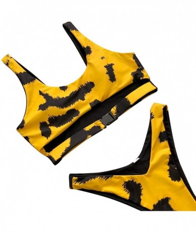 Sets Womens Leopard Scoop Cut-Out Strap High Cut Thong 2 Piece Bikini Sets Swimsuit - Yellowleopard - CB18OSSRXE9 $31.13