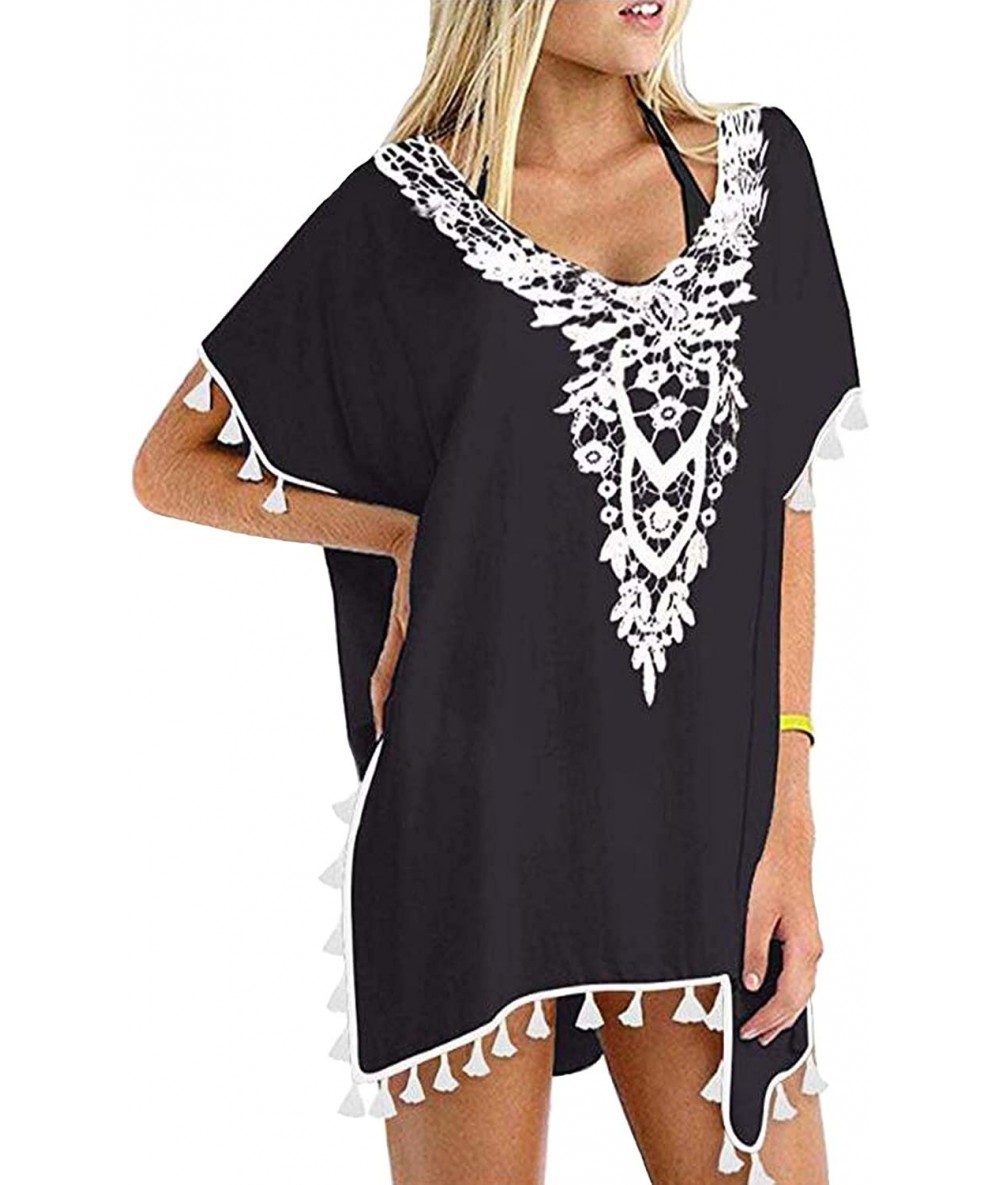 Cover-Ups Women's Classic Striped Tassel Chiffon Beachwear Dresses Bikini Swimwear Cover Up - Black - CH18RD2SHXW $27.20