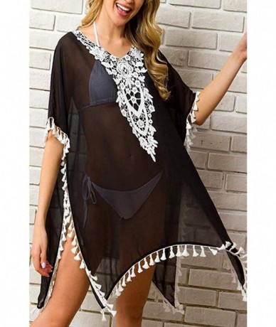 Cover-Ups Women's Classic Striped Tassel Chiffon Beachwear Dresses Bikini Swimwear Cover Up - Black - CH18RD2SHXW $27.20