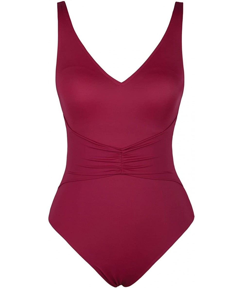 One-Pieces Women Tummy Control Swimwear One Piece Swimwear Shirred Bathing Suit- US 8- Wine Red - CD18S8OEZW8 $48.58