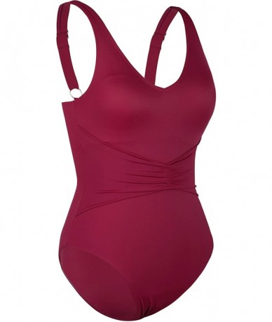 One-Pieces Women Tummy Control Swimwear One Piece Swimwear Shirred Bathing Suit- US 8- Wine Red - CD18S8OEZW8 $48.58