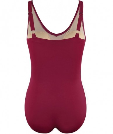 One-Pieces Women Tummy Control Swimwear One Piece Swimwear Shirred Bathing Suit- US 8- Wine Red - CD18S8OEZW8 $48.58