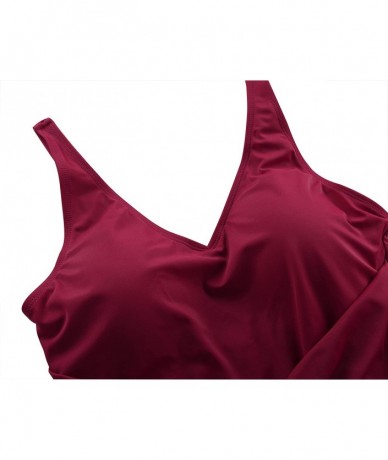 One-Pieces Women Tummy Control Swimwear One Piece Swimwear Shirred Bathing Suit- US 8- Wine Red - CD18S8OEZW8 $48.58