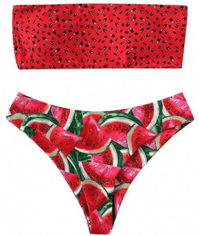 Sets Women's High Cut Bandeau Bikini Set Strapless 2 Pieces Bathing Suit Swim Tops Brazilia Bottom - Red - CM1952OMQYK $29.96