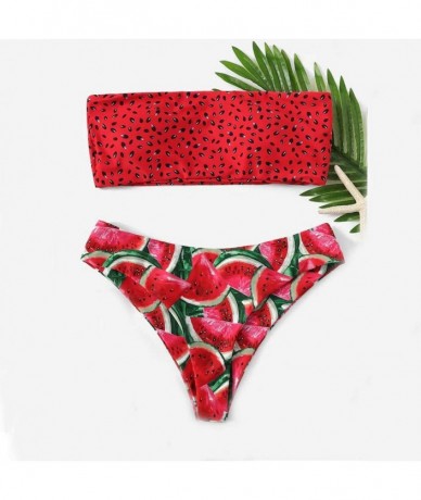 Sets Women's High Cut Bandeau Bikini Set Strapless 2 Pieces Bathing Suit Swim Tops Brazilia Bottom - Red - CM1952OMQYK $29.96