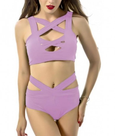 Sets Women Cross Chest Bandage Sexy Bikini Tankini - Purple - CC18DRXLZGY $47.51