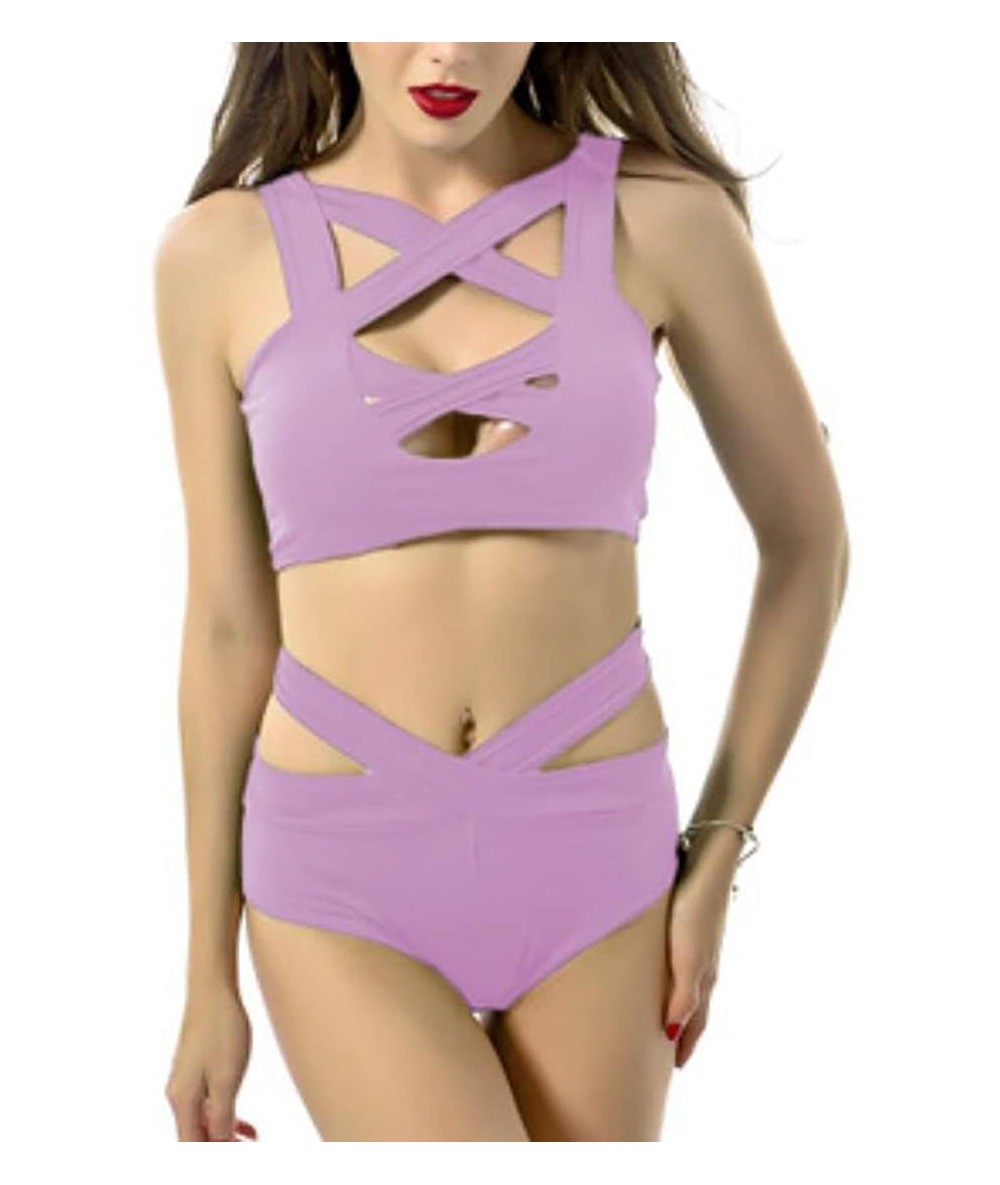 Sets Women Cross Chest Bandage Sexy Bikini Tankini - Purple - CC18DRXLZGY $47.51