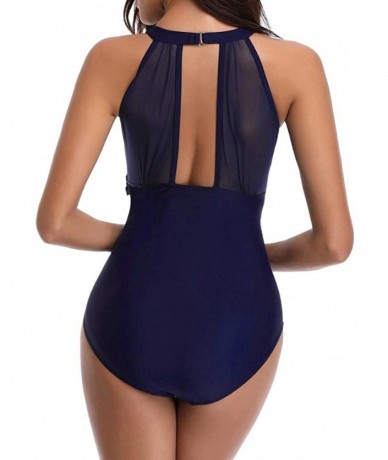 Cover-Ups Swimsuits for Women Plus Size One Piece High Neck Plunge Mesh Tie Front Ruched Monokini Swimwear Bathing Suits Navy...