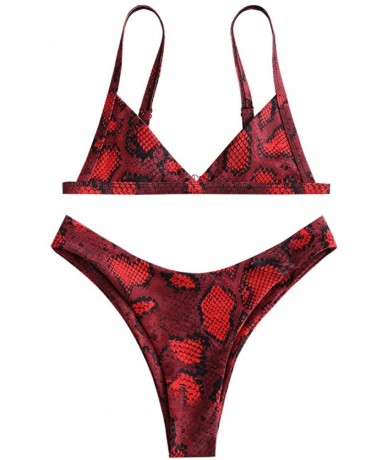 Sets Womens Snakeskin Print Straps High Cut Wire Free Bikini Set Two Piece Swimsuits - Red - CX1900NHH7C $32.77