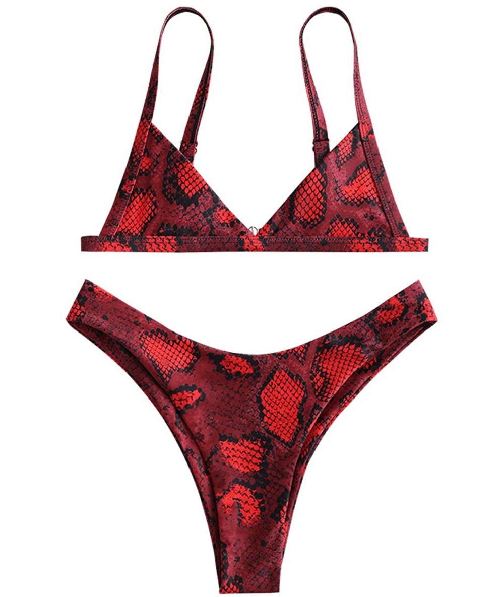 Sets Womens Snakeskin Print Straps High Cut Wire Free Bikini Set Two Piece Swimsuits - Red - CX1900NHH7C $32.77