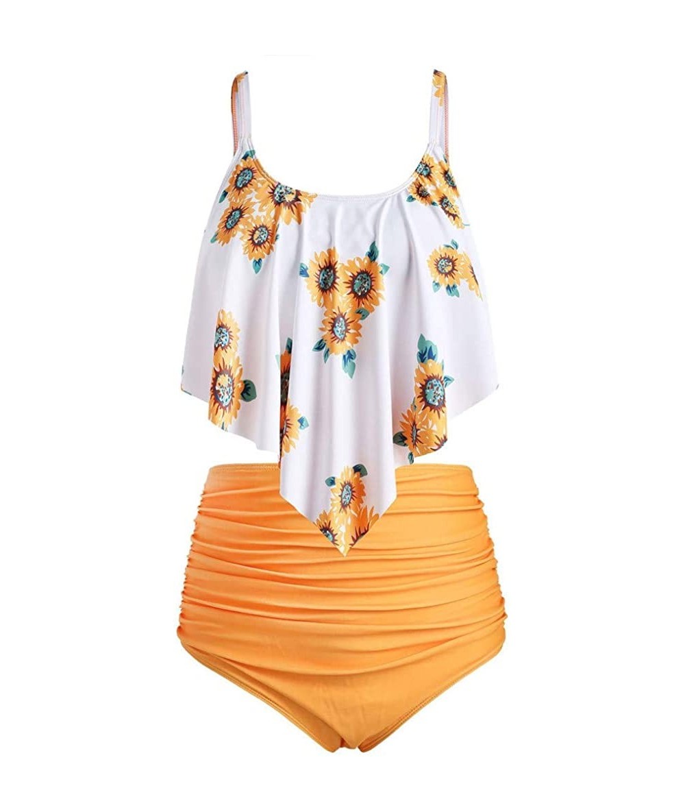 Sets Women Bikini Plus Size Ruffle Lotus Leaf Print High Waist Split Two Piece Swimsuits Set - Yellow 4& - CG18S5Q9G2E $43.22