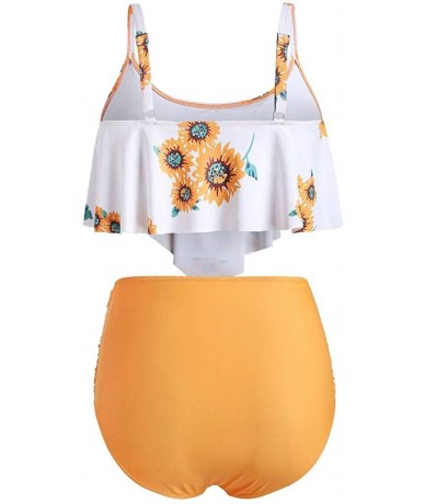 Sets Women Bikini Plus Size Ruffle Lotus Leaf Print High Waist Split Two Piece Swimsuits Set - Yellow 4& - CG18S5Q9G2E $43.22