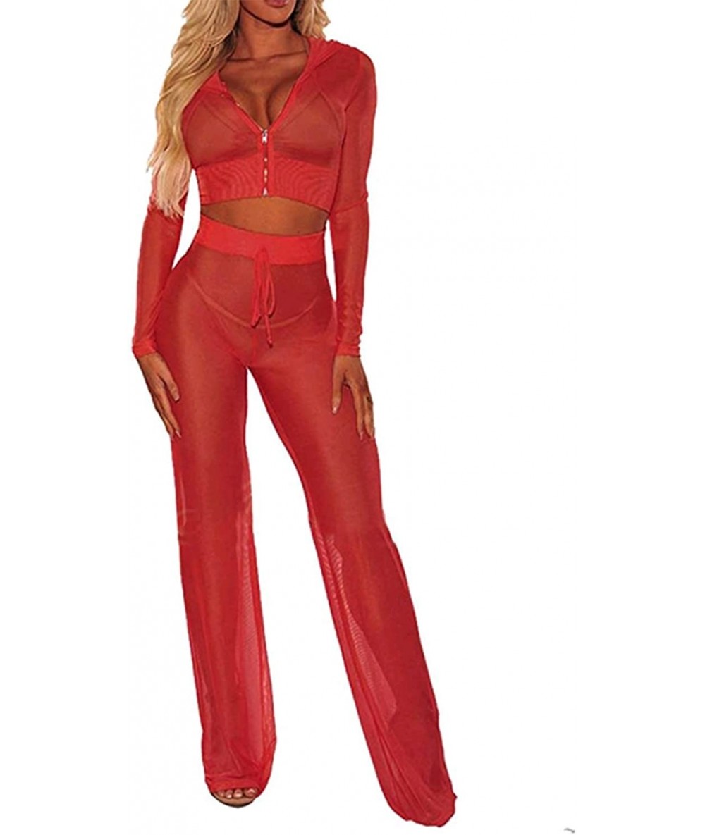 Cover-Ups Women Mesh Bikini Swimwear Cover Up Beach Top Clubwear Trousers Pants Crop Top - Red - CB18G87ORSG $42.34