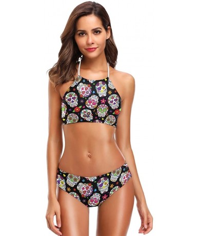 Racing Swimsuit Floral Flower Sugar Skull Pattern- Bikini Sets Swimwear Beach Suit Bathing Suit for Girls Women Lady - CK18RA...