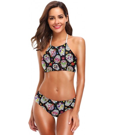 Racing Swimsuit Floral Flower Sugar Skull Pattern- Bikini Sets Swimwear Beach Suit Bathing Suit for Girls Women Lady - CK18RA...